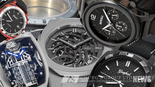 Assorted watch cases made from stainless steel, bronze, carbon fiber, ceramic, and exotic materials, showing the variety of options available in modern watch manufacturing