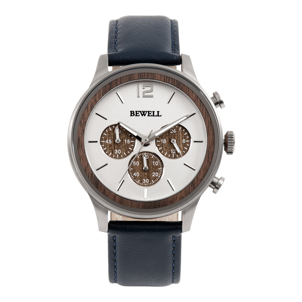 Multi-Function Panda Dial Wood and Stainless Steel Watch