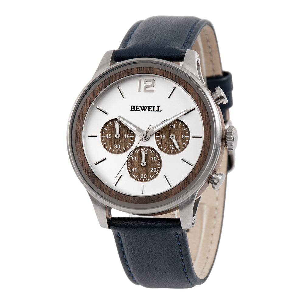 Multi-Function Panda Dial Wood and Stainless Steel Watch