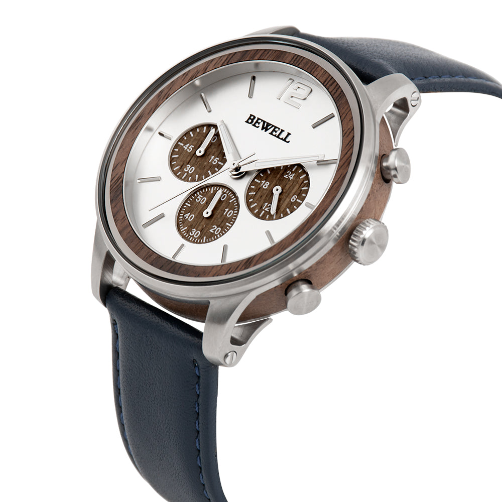 Multi-Function Panda Dial Wood and Stainless Steel Watch