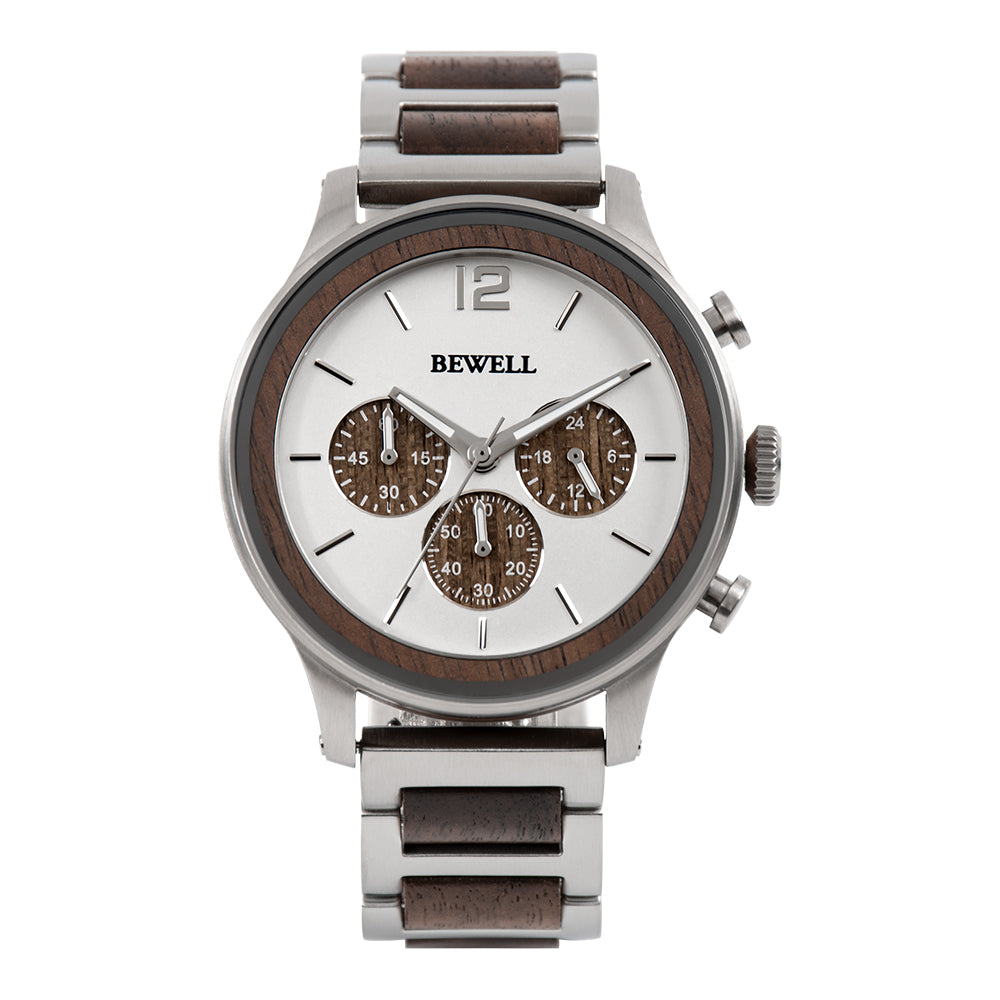Multi-Function Panda Dial Wood and Stainless Steel Watch
