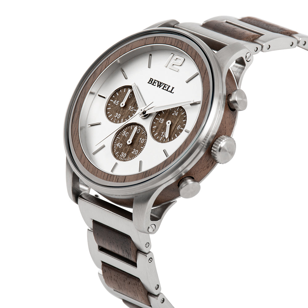 Multi-Function Panda Dial Wood and Stainless Steel Watch