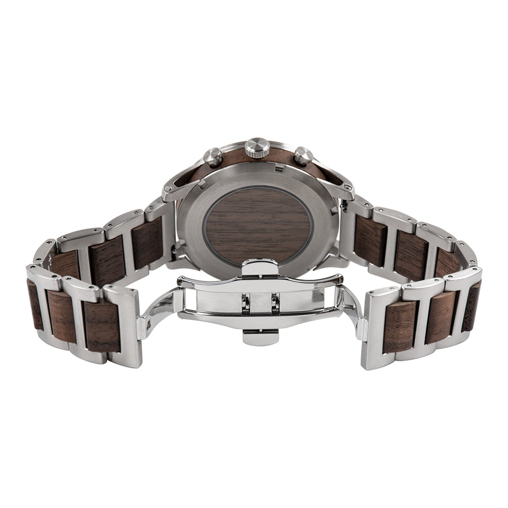 Multi-Function Panda Dial Wood and Stainless Steel Watch