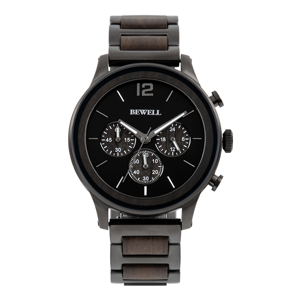 Multi-Function Panda Dial Wood and Stainless Steel Watch