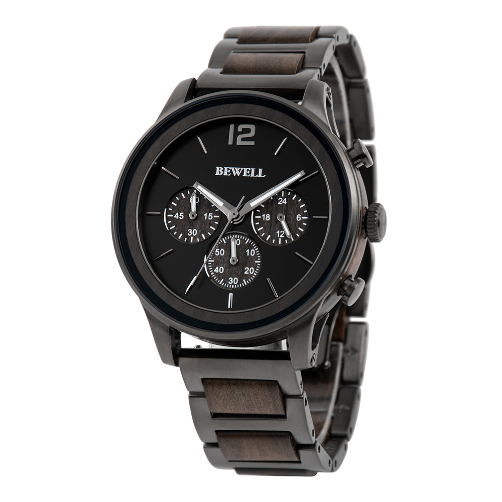 Multi-Function Panda Dial Wood and Stainless Steel Watch