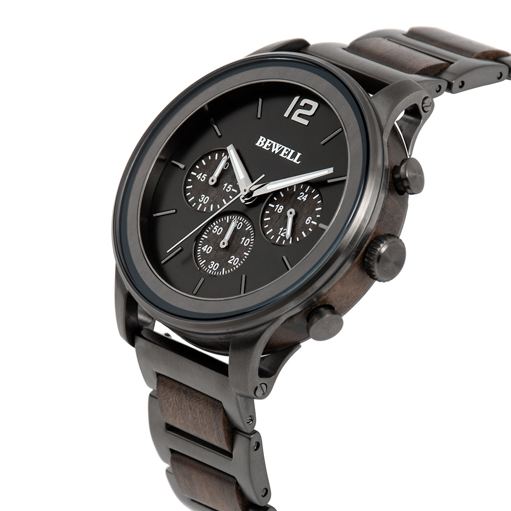 Multi-Function Panda Dial Wood and Stainless Steel Watch