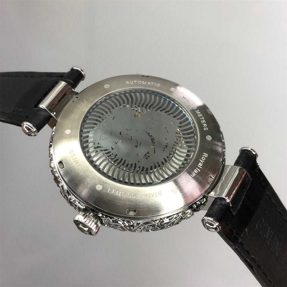 Stainless Steel Minimalist Round Dial Watch with Transparent Case Back and Genuine Leather Strap