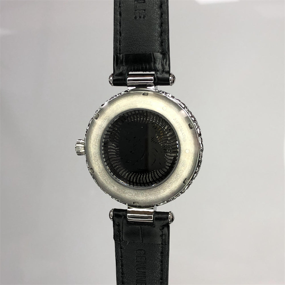 Stainless Steel Minimalist Round Dial Watch with Transparent Case Back and Genuine Leather Strap