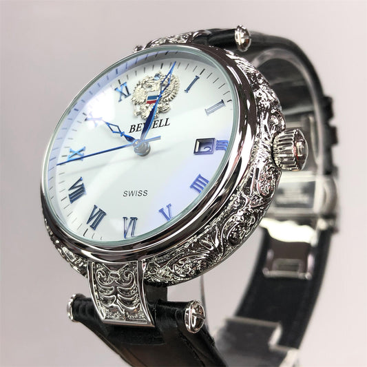 Stainless Steel Minimalist Round Dial Watch with Transparent Case Back and Genuine Leather Strap