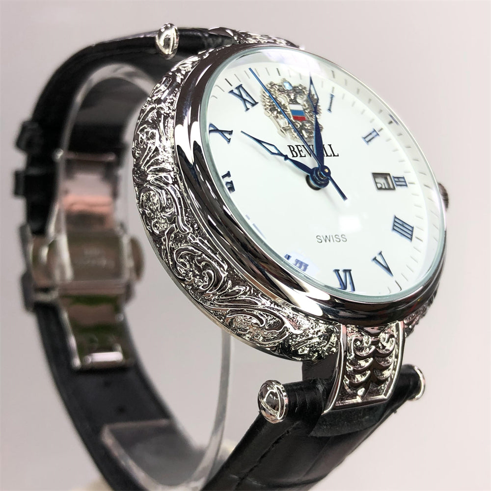 Stainless Steel Minimalist Round Dial Watch with Transparent Case Back and Genuine Leather Strap