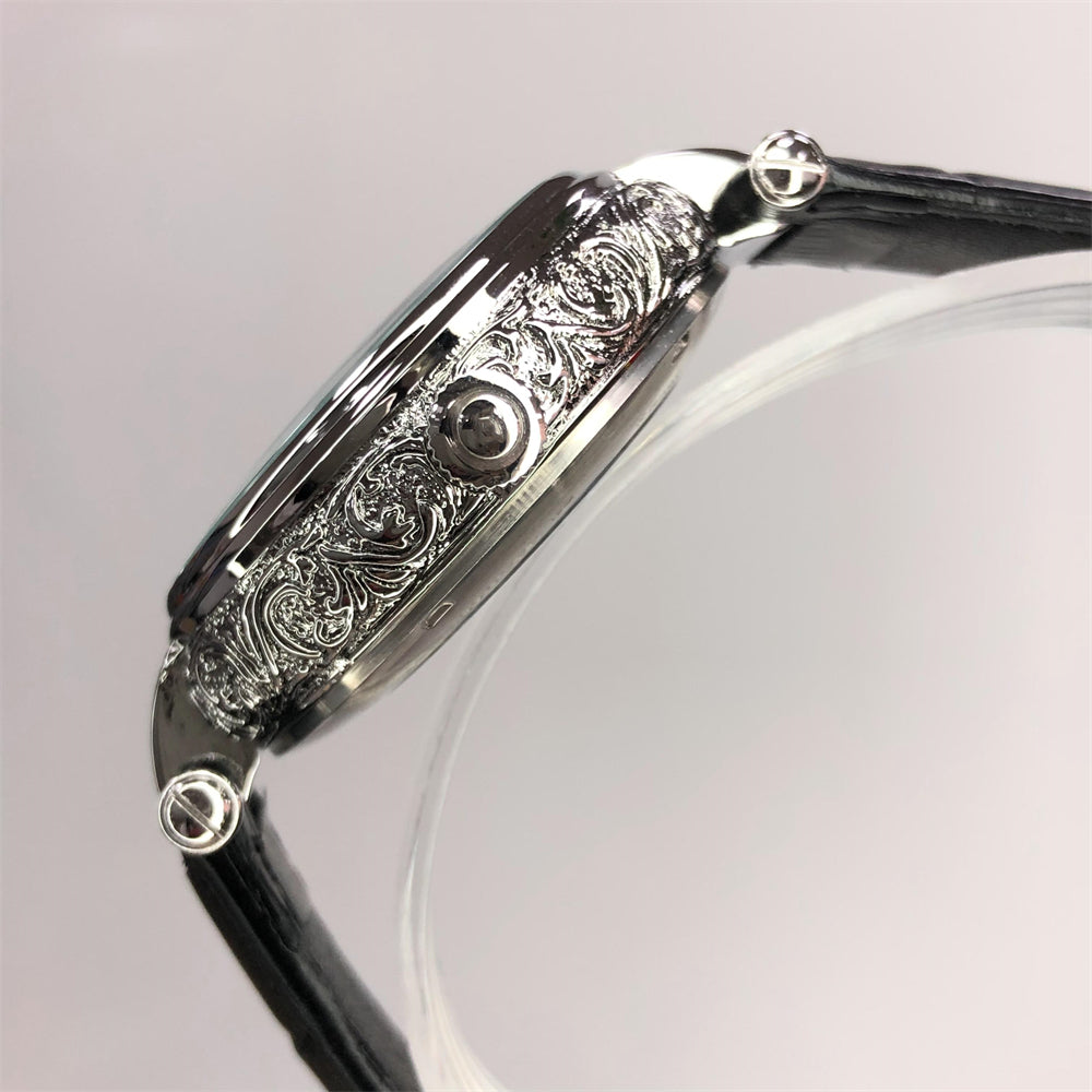 Stainless Steel Minimalist Round Dial Watch with Transparent Case Back and Genuine Leather Strap