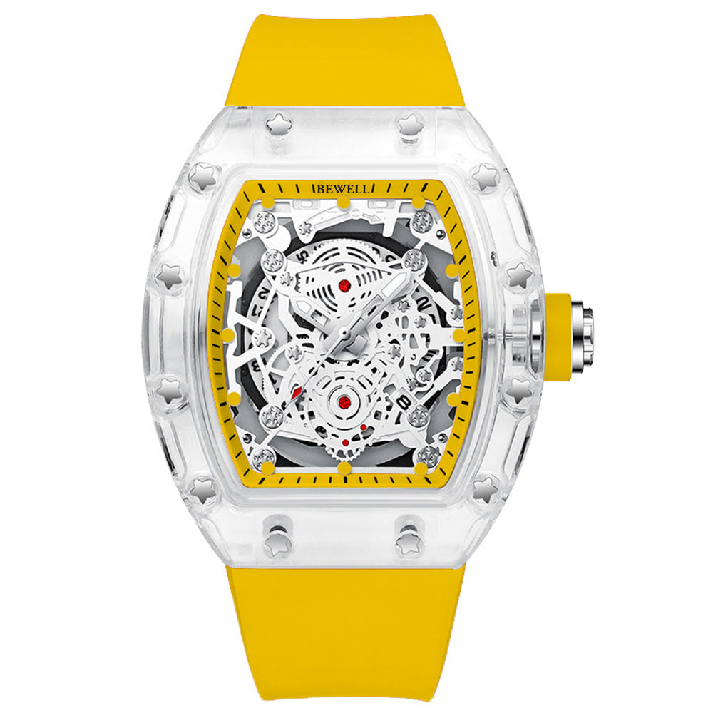 Barrel Case Mechanical Watch with Transparent Glass and Rubber Strap