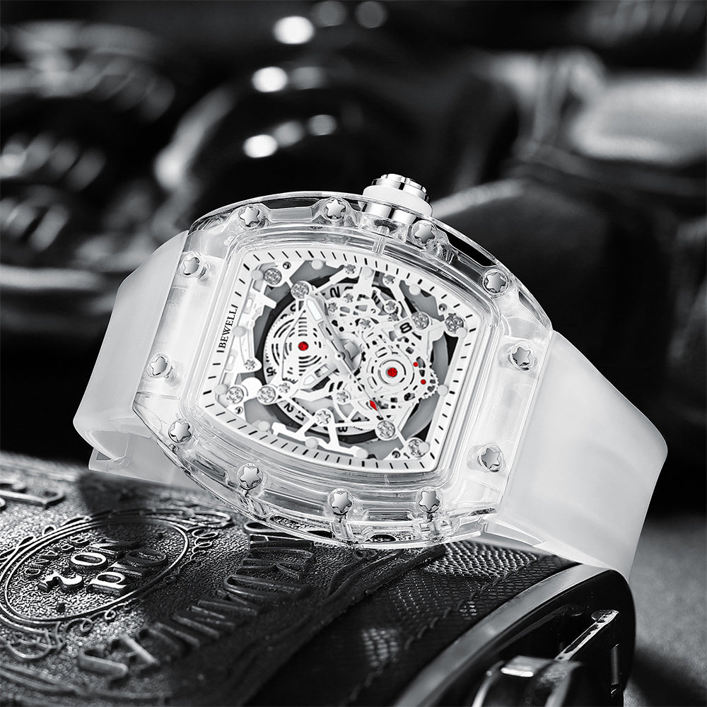 Barrel Case Mechanical Watch with Transparent Glass and Rubber Strap