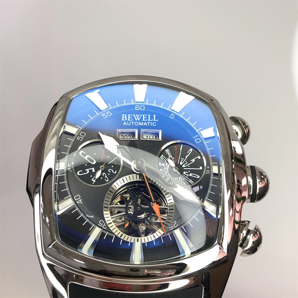 Multifunctional Skeleton Mechanical Barrel Watch with Rubber Strap