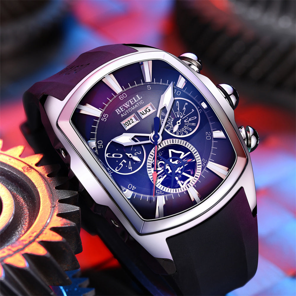 Multifunctional Skeleton Mechanical Barrel Watch with Rubber Strap