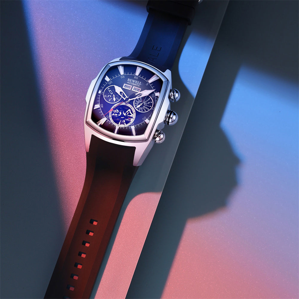 Multifunctional Skeleton Mechanical Barrel Watch with Rubber Strap