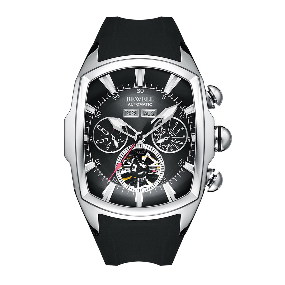 Multifunctional Skeleton Mechanical Barrel Watch with Rubber Strap