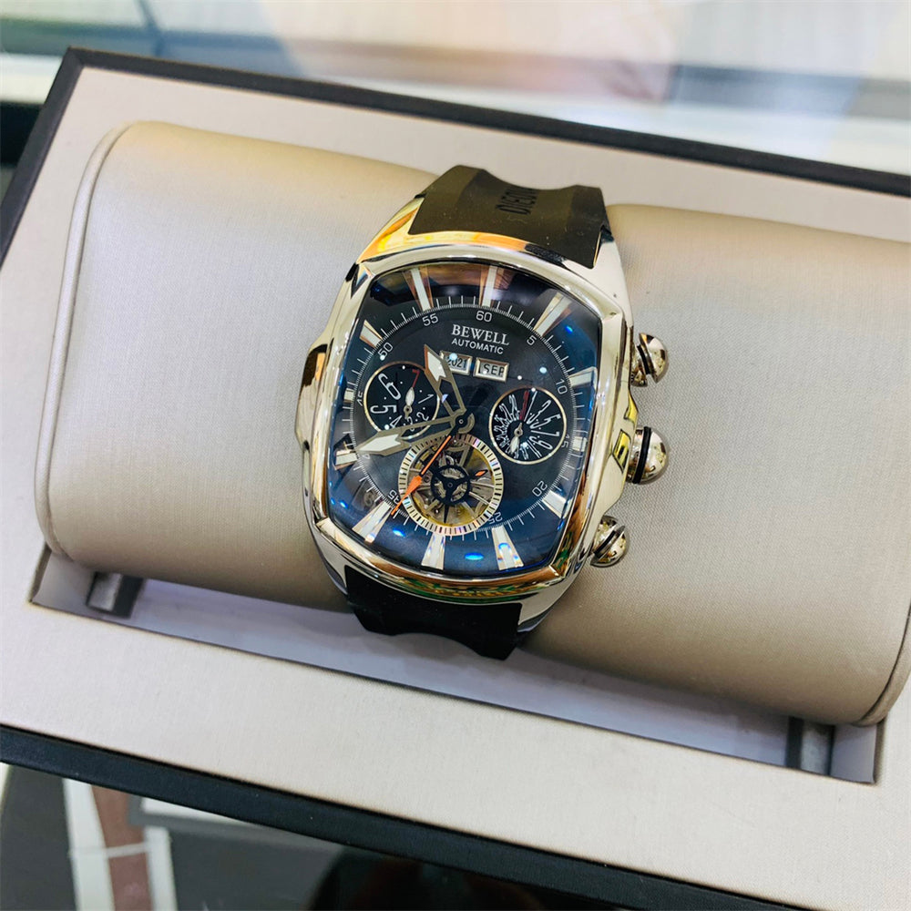 Multifunctional Skeleton Mechanical Barrel Watch with Rubber Strap