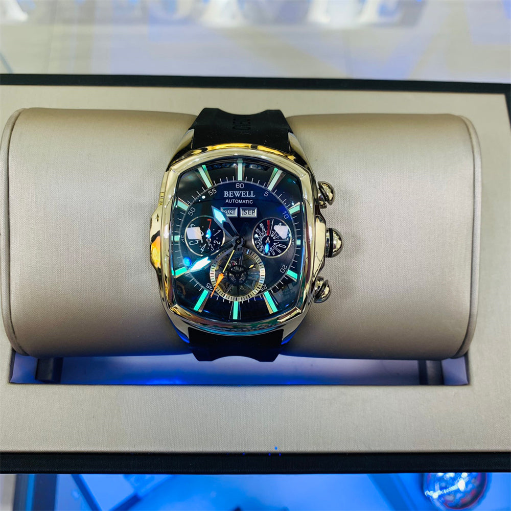 Multifunctional Skeleton Mechanical Barrel Watch with Rubber Strap
