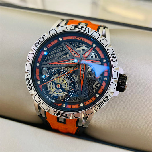 Stainless Steel Watch with Star-Shaped Skeleton Dial and Transparent Back