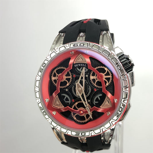 Round Skeleton Gear Watch with Stainless Steel Case, Transparent Back, and Rubber Strap