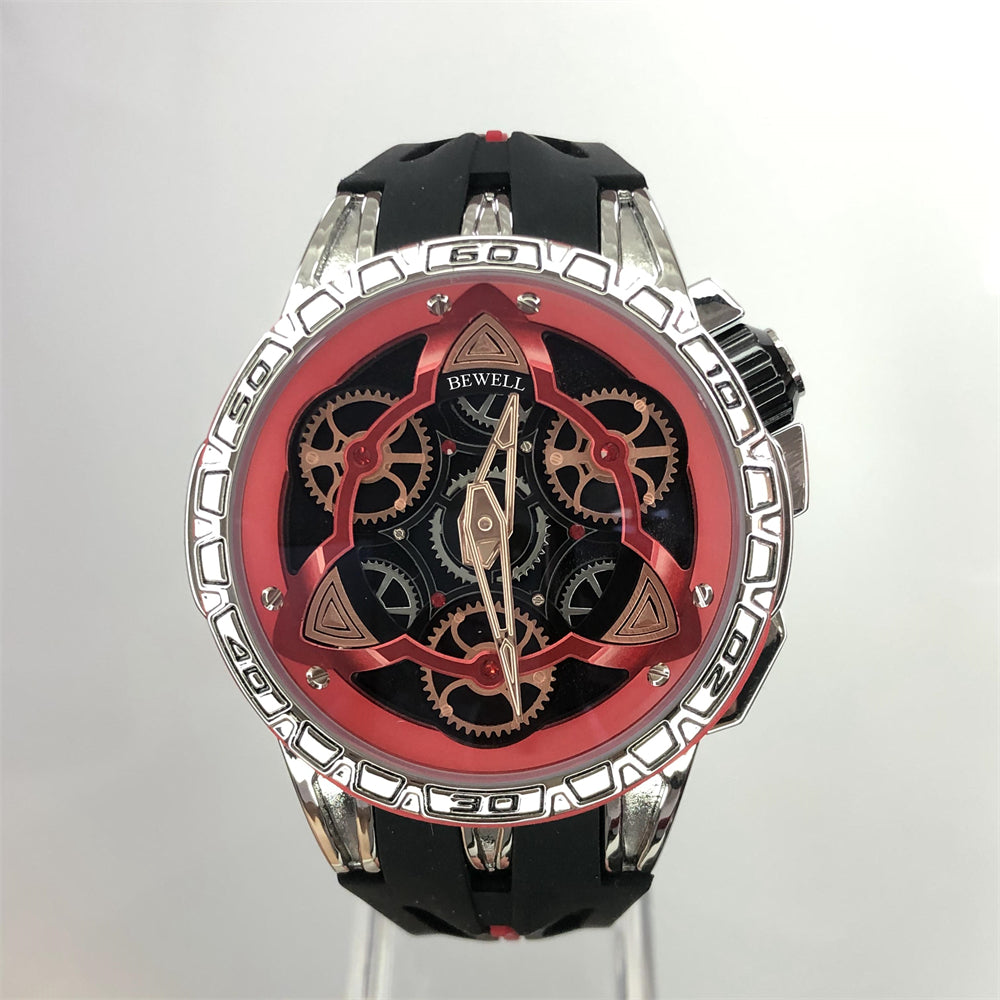Round Skeleton Gear Watch with Stainless Steel Case, Transparent Back, and Rubber Strap