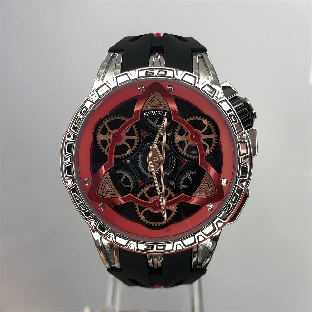 Round Skeleton Gear Watch with Stainless Steel Case, Transparent Back, and Rubber Strap