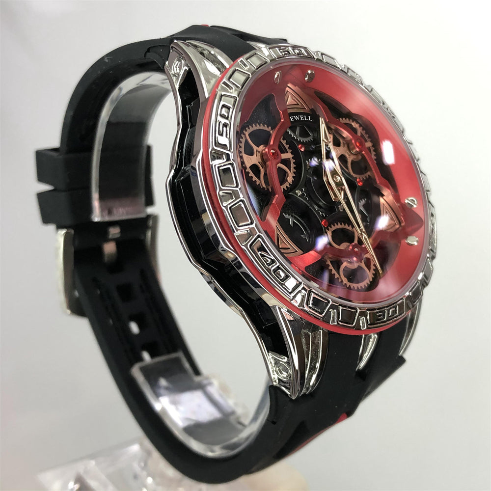 Round Skeleton Gear Watch with Stainless Steel Case, Transparent Back, and Rubber Strap