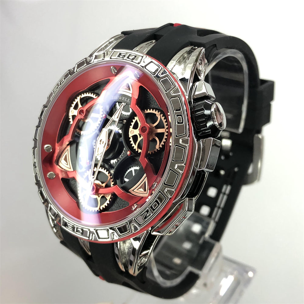 Round Skeleton Gear Watch with Stainless Steel Case, Transparent Back, and Rubber Strap