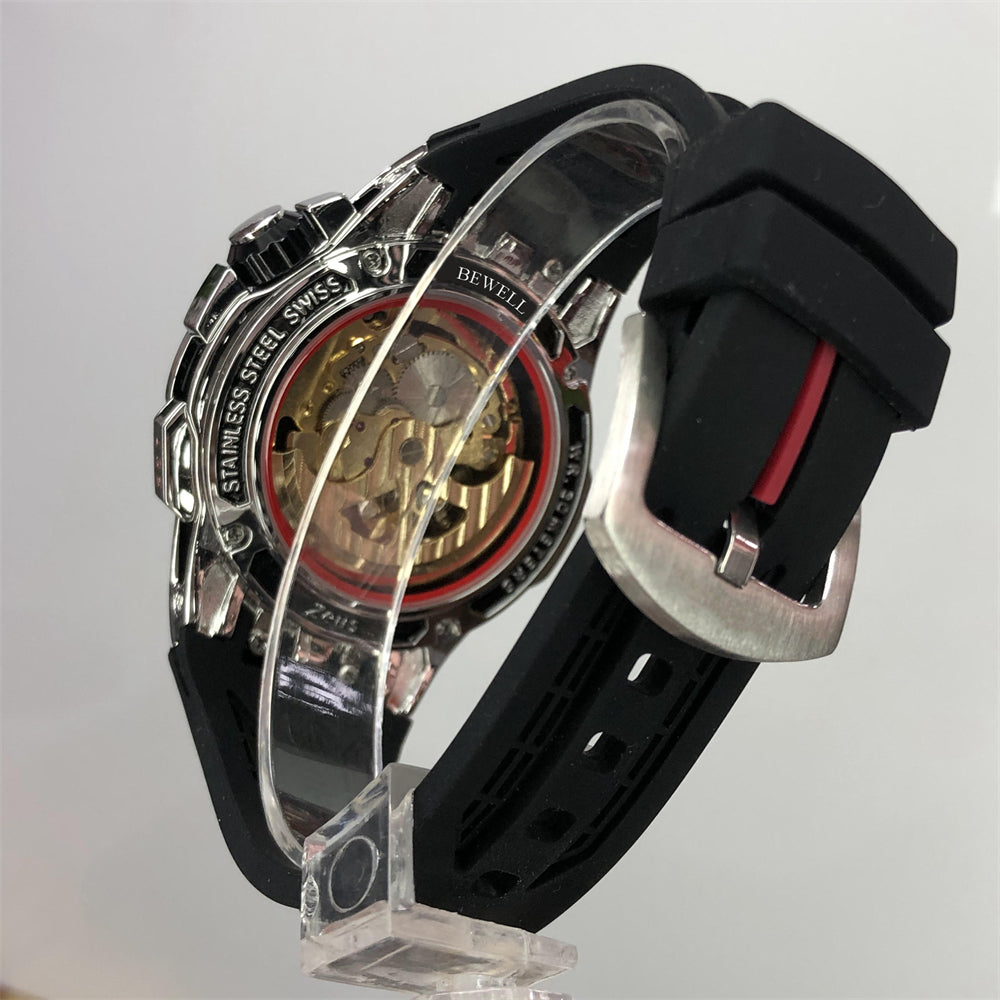 Round Skeleton Gear Watch with Stainless Steel Case, Transparent Back, and Rubber Strap