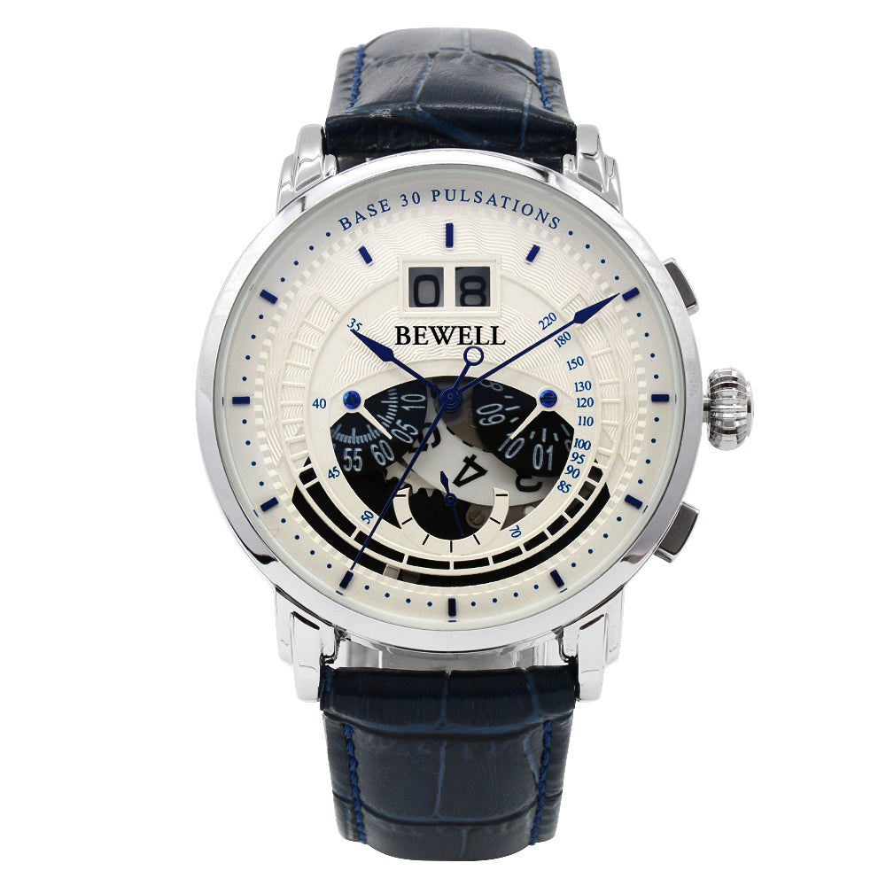 Minimalist Large Dial Multifunction Stainless Steel Watch with Leather Strap