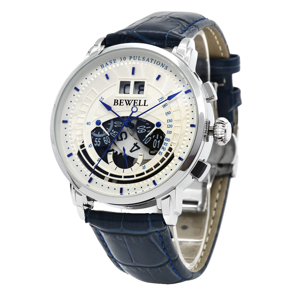 Minimalist Large Dial Multifunction Stainless Steel Watch with Leather Strap