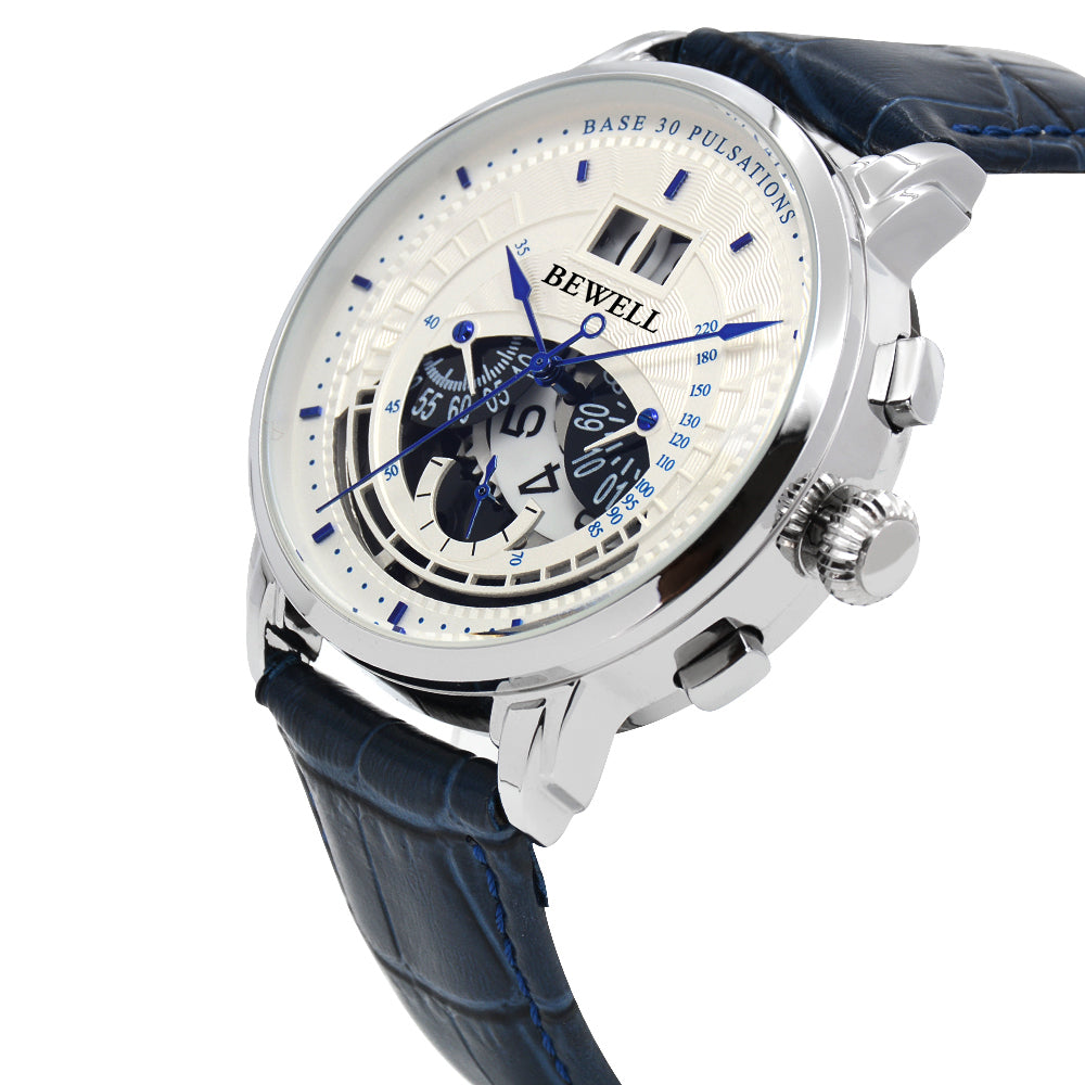 Minimalist Large Dial Multifunction Stainless Steel Watch with Leather Strap
