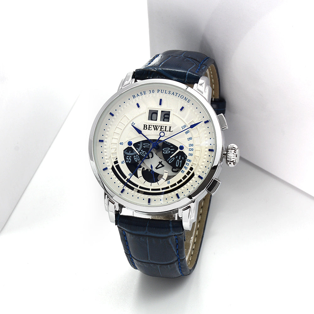 Minimalist Large Dial Multifunction Stainless Steel Watch with Leather Strap