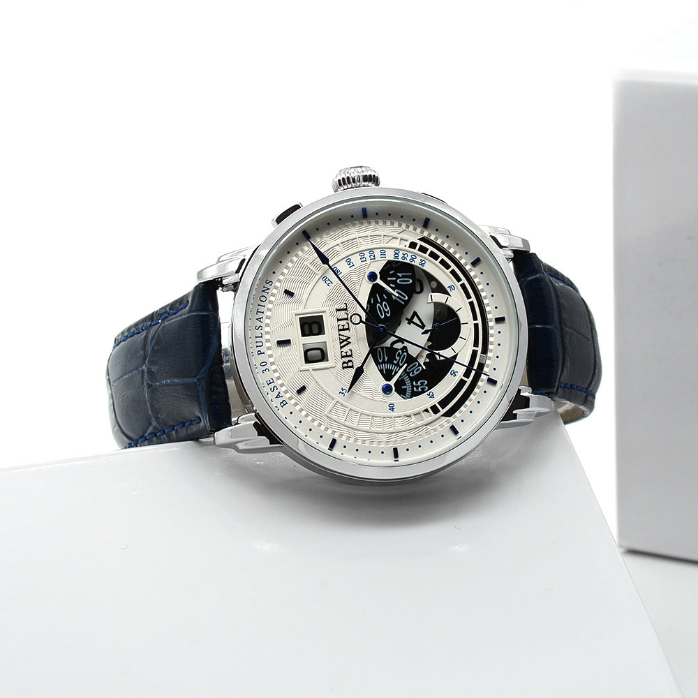 Minimalist Large Dial Multifunction Stainless Steel Watch with Leather Strap