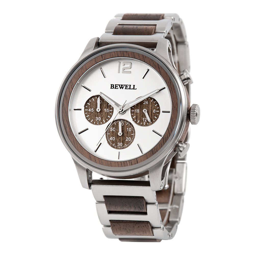 Multi-Function Panda Dial Wood and Stainless Steel Watch