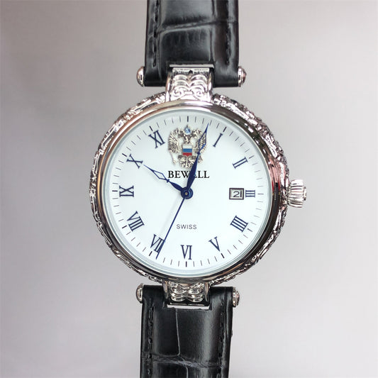 Stainless Steel Minimalist Round Dial Watch with Transparent Case Back and Genuine Leather Strap