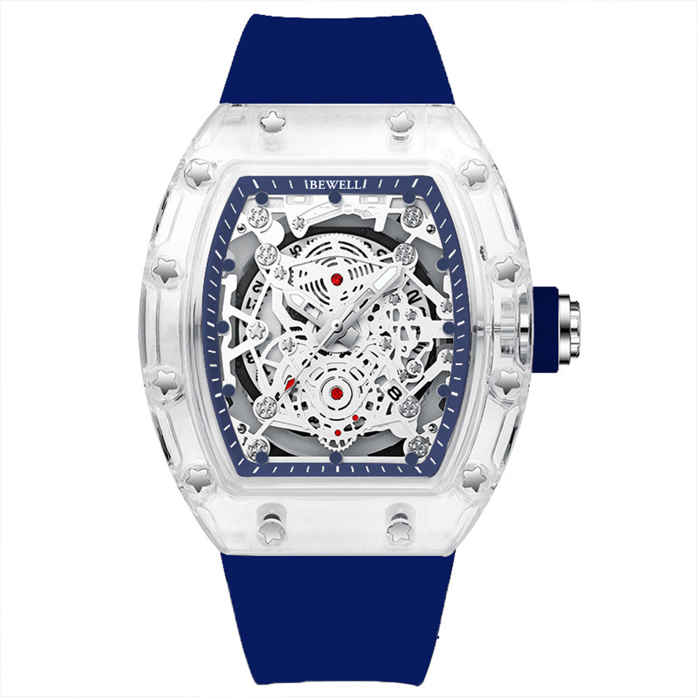 Barrel Case Mechanical Watch with Transparent Glass and Rubber Strap