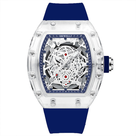 Barrel Case Mechanical Watch with Transparent Glass and Rubber Strap