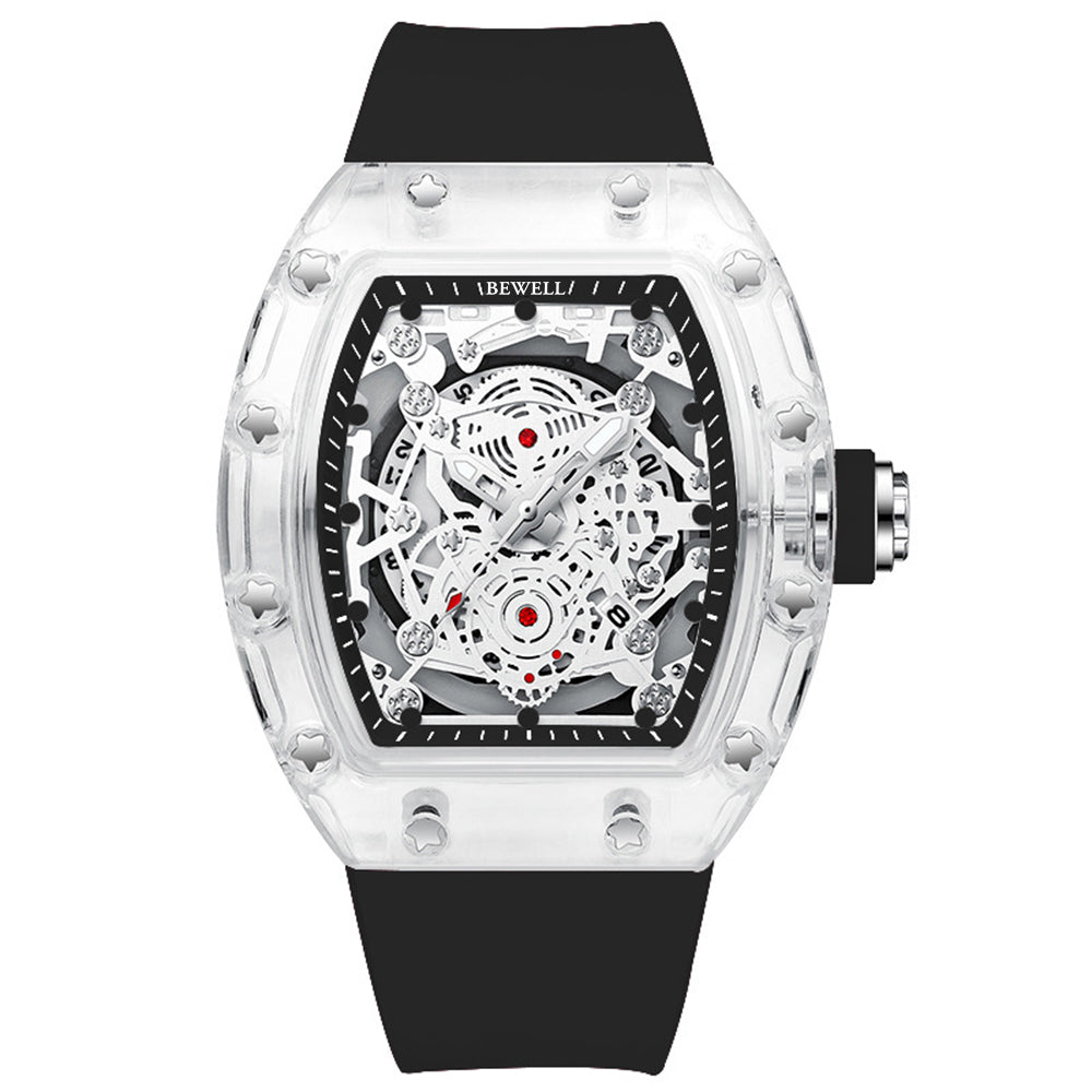 Barrel Case Mechanical Watch with Transparent Glass and Rubber Strap