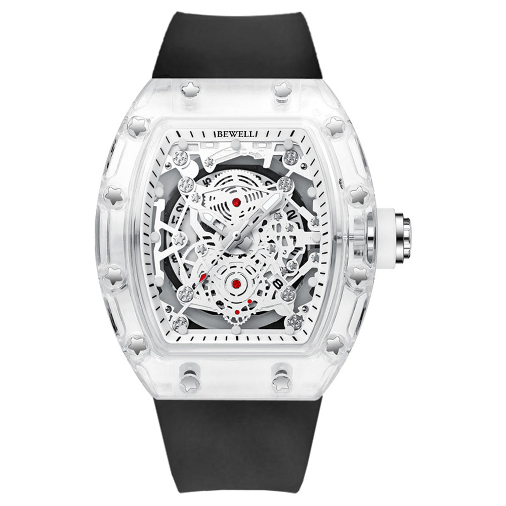Barrel Case Mechanical Watch with Transparent Glass and Rubber Strap