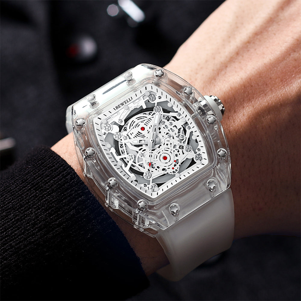 Barrel Case Mechanical Watch with Transparent Glass and Rubber Strap