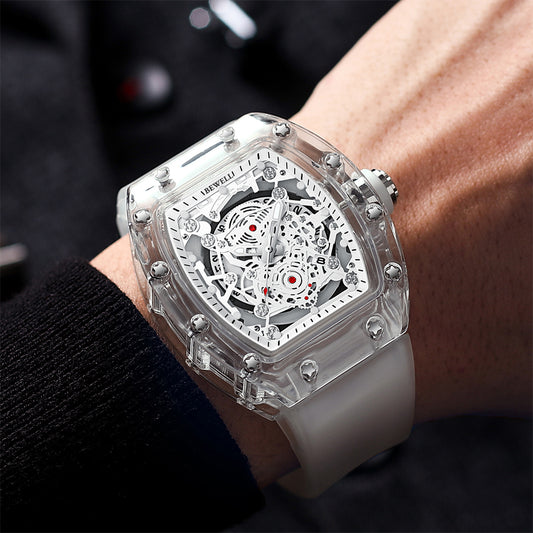 Barrel Case Mechanical Watch with Transparent Glass and Rubber Strap