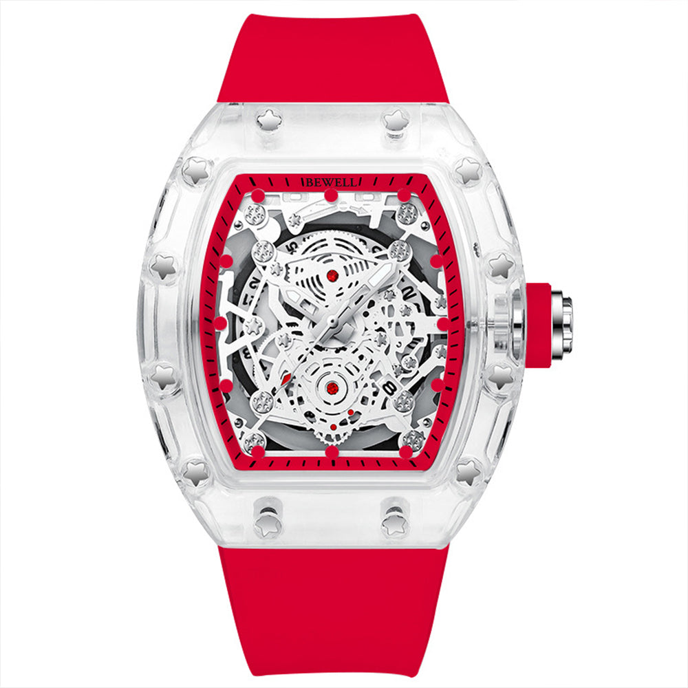 Barrel Case Mechanical Watch with Transparent Glass and Rubber Strap