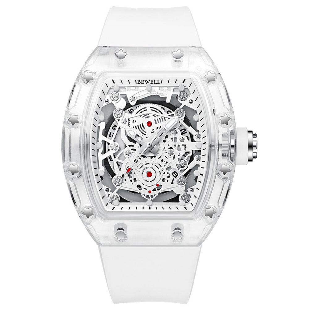 Barrel Case Mechanical Watch with Transparent Glass and Rubber Strap