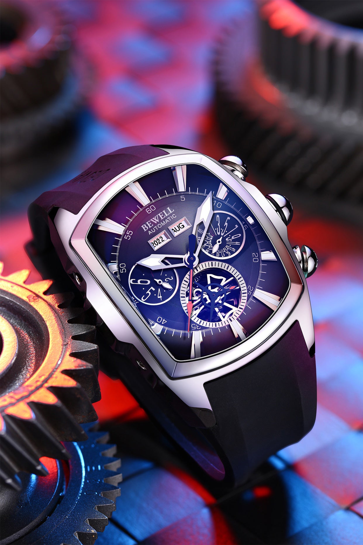 Multifunctional Skeleton Mechanical Barrel Watch with Rubber Strap