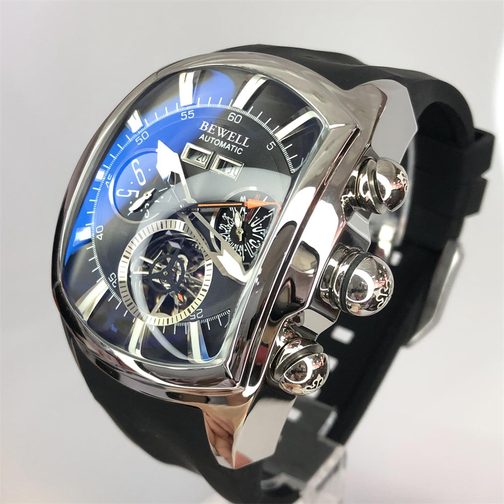 Multifunctional Skeleton Mechanical Barrel Watch with Rubber Strap