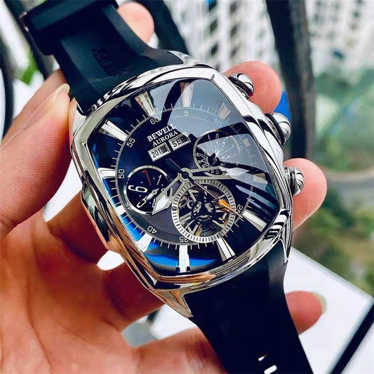 Multifunctional Skeleton Mechanical Barrel Watch with Rubber Strap
