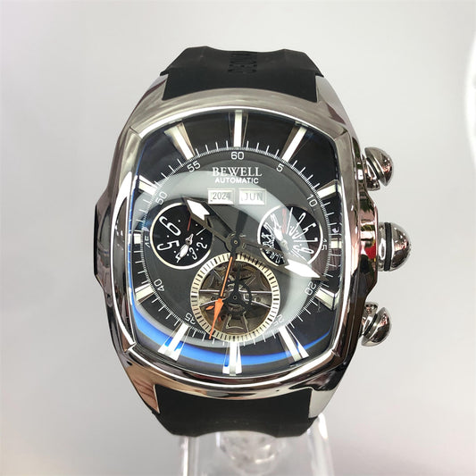 Multifunctional Skeleton Mechanical Barrel Watch with Rubber Strap