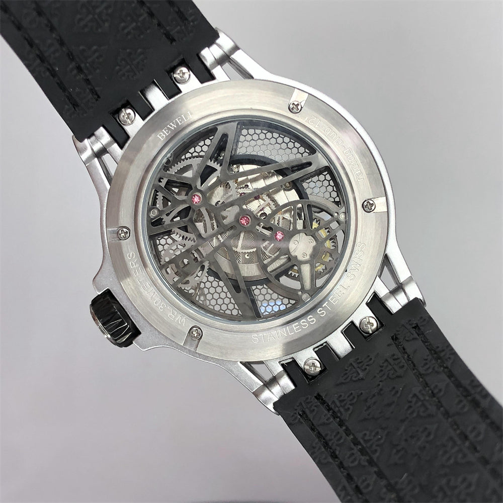 Stainless Steel Watch with Star-Shaped Skeleton Dial and Transparent Back